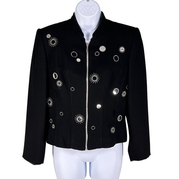 Alberto Makali Caché 8 / M Black Evening Blazer Silver Sunburst Star Embroidery - Picture 6 of 13